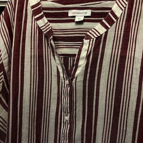 New Liz Claiborne 5X Red  Striped Light Cotton Long Sleeve Button Down  Plus Sz - Picture 1 of 15